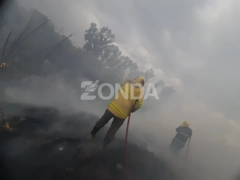 Bomberos Voluntarios de Pocito Trabajan en el incendio en el cementerio