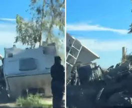 Brutal vuelco: un camión terminó destruido dentro de una acequia